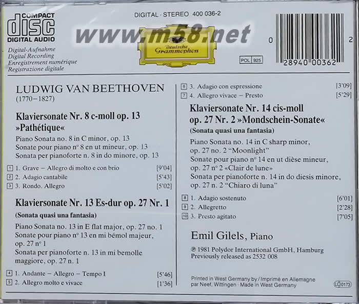 Beethoven:Piano Sonatas : No.8(Pathetique), No.13, No.14貝多芬:鋼琴奏鳴曲-悲愴&月光..等((古典愛好者必備)專輯背面圖片