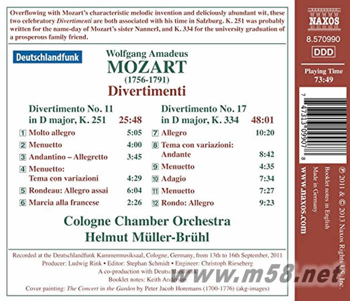 莫札特 DIVERTIMENTI 上榜專輯背面圖片