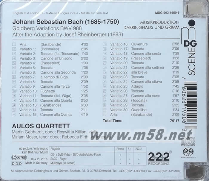巴哈 哥德堡變奏曲 Bach [Goldberg Variations SACD專輯背面圖片