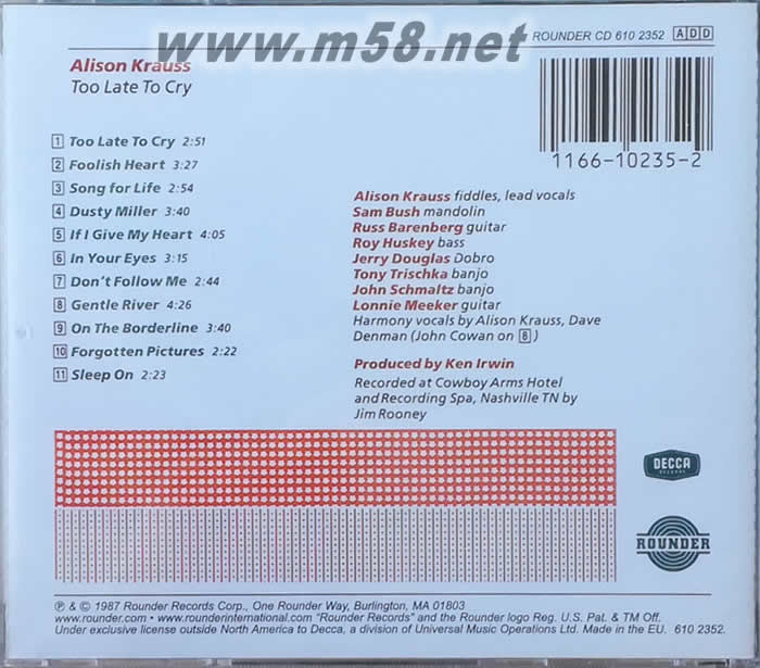 TOO LARE TO CRY 艾莉森克勞斯 遲來的哭泣專輯背面圖片