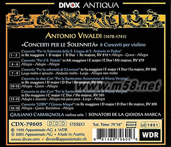 Concerti Per Le Solennita 韋瓦第六首小提琴協(xié)奏曲專(zhuān)輯背面圖片