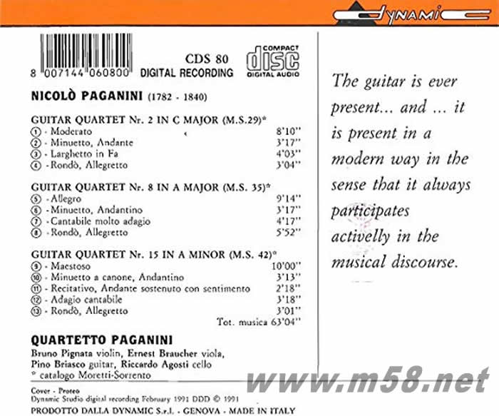 帕格尼尼:吉他四重奏(3) Guitar Quartets Nos.2, 8 & 15專輯背面圖片