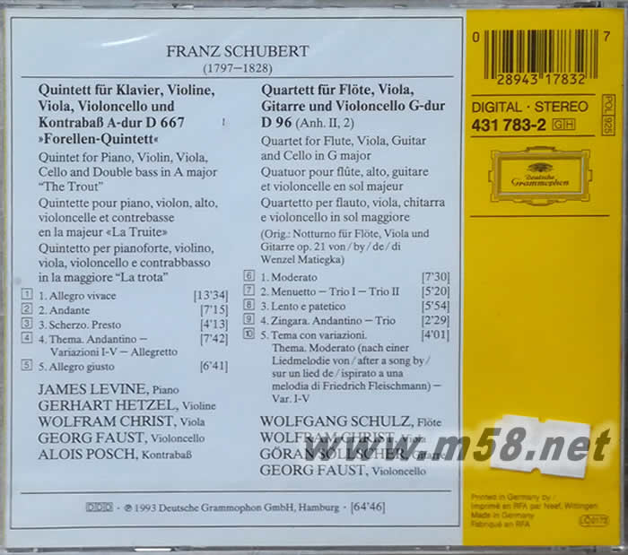 舒伯特:鱒魚五重奏 SCHUBERT:FORELLEN-QUINTETT專輯背面圖片