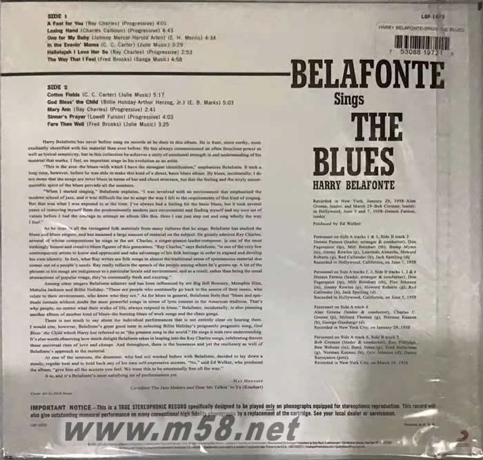 貝拉芬提 藍(lán)調(diào)SINGS THE BLUES 黑膠專輯背面圖片