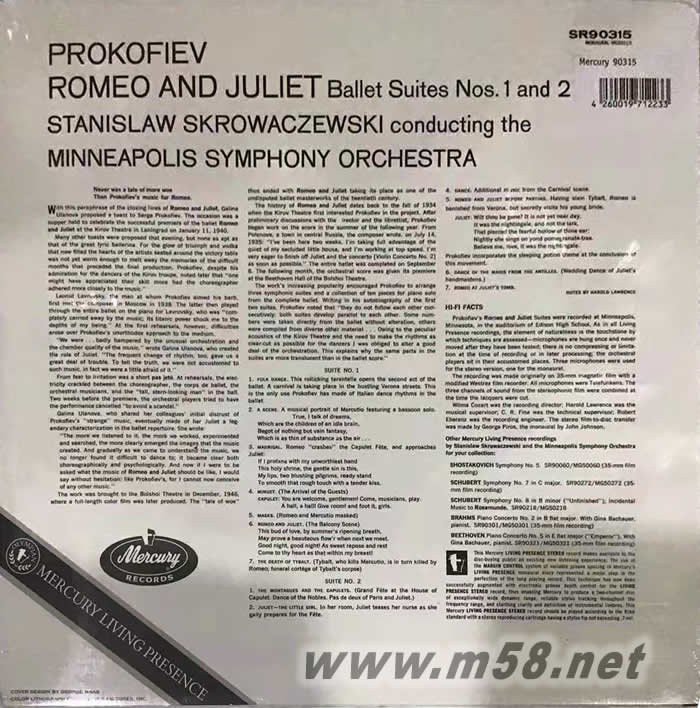 普羅科菲耶夫:羅密歐與朱麗葉No.1 & 2Prokofiev: Romeo & Juliet Suites No.1 & 2 180g 33RPM LP 黑膠專輯背面圖片