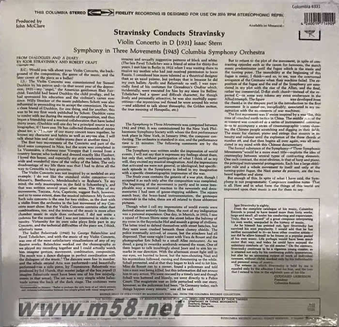 斯特恩 小提琴 - 斯特拉文斯基 小提琴協奏曲 180g 33RPM LP 黑膠專輯背面圖片