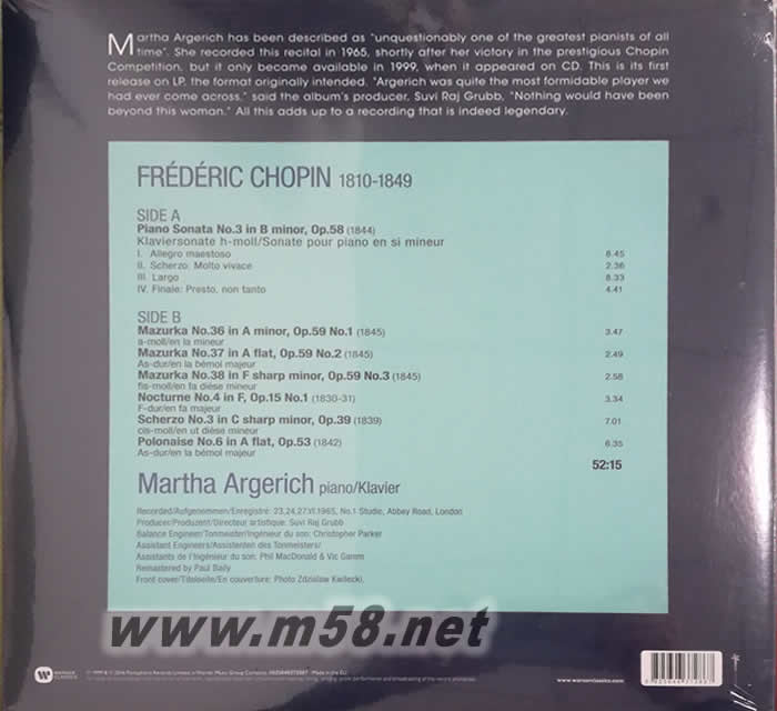 蕭邦 鋼琴奏鳴曲 CHOPIN THE LEGENDARY 1965 RECORDING 黑膠專輯背面圖片
