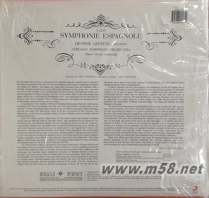 拉羅 西班牙交響曲 Lalo: Symphonie Espagnole 180g 33RPM LP 黑膠專輯背面圖片