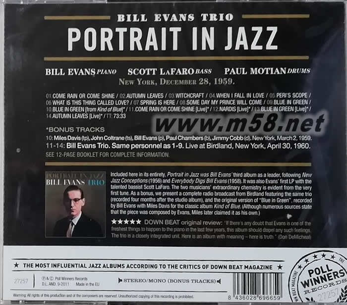Portrait In Jazz 爵士鋼琴詩人的肖像 (爵士大師五星系列)專輯背面圖片