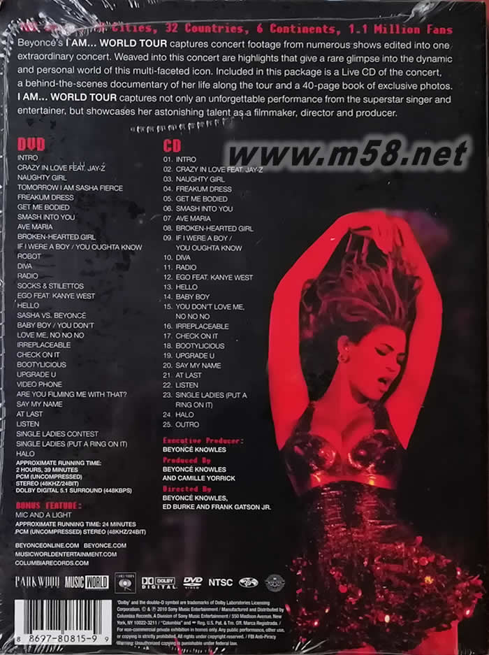 I Am… World Tour 世界巡回演唱會 DVD+CD美版專輯背面圖片