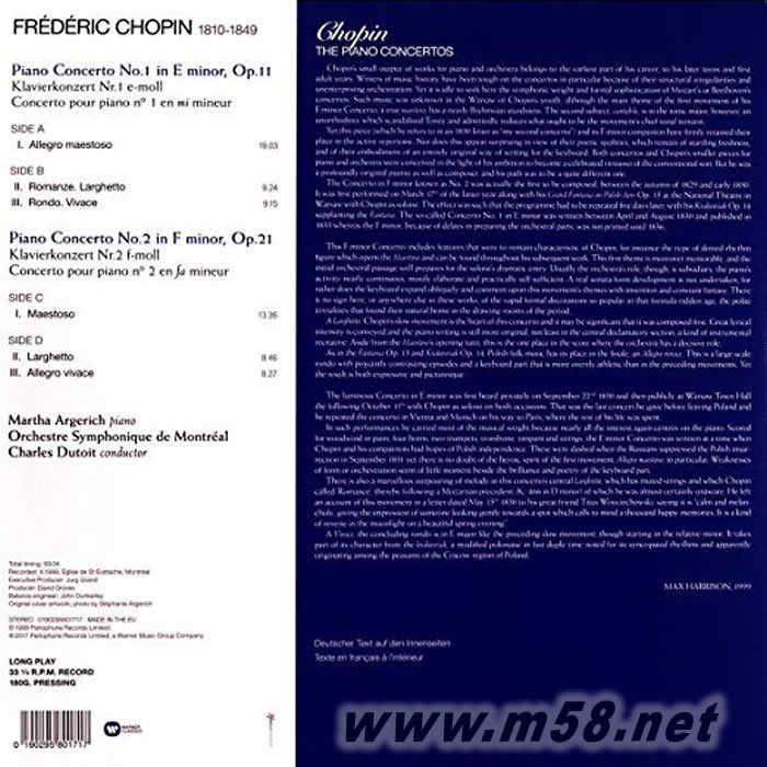 肖邦 鋼琴協奏曲Chopin: Piano Concertos Nos. 1 & 2 180g 33RPM LP 黑膠專輯背面圖片