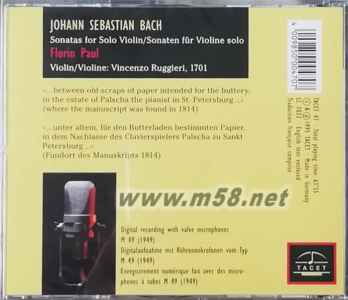 J S BACH巴赫奏鳴曲 SONATAS FOR SOLO VIOLIN BWV 1001,1002,1005專輯背面圖片