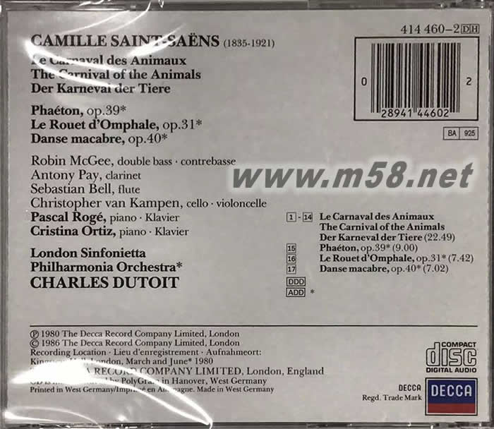 Saint-Saens: Carnival of the Animals / Danse Macabre 卡米爾·圣桑:動物狂歡節專輯背面圖片