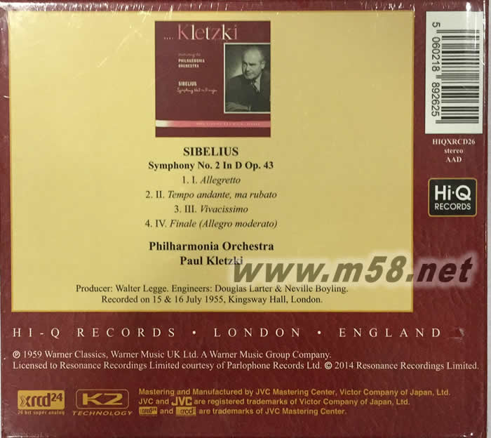 西貝流士第二號交響曲SIBELIUS : SYMPHONY NO.2 IN D OP.43( XRCD)專輯背面圖片