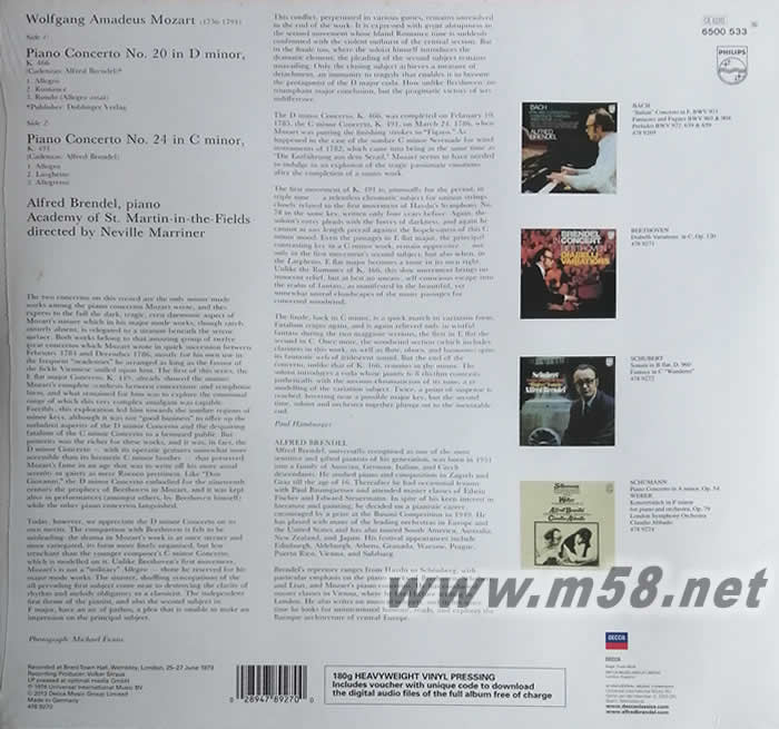 莫扎特:第20 & 24鋼琴協奏曲 Mozart: Piano Concertos Nos. 20 & 2 黑膠專輯背面圖片