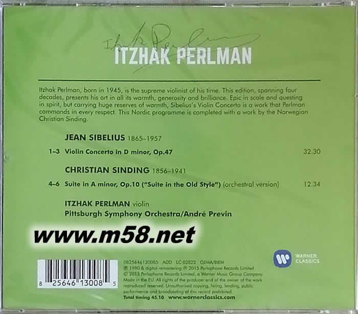 Sibelius: Violin Concerto Sinding: Suite in A minor, op. 10 帕爾曼經典之聲21─西貝流士:D小調小提琴協奏曲 &辛定:A小調組曲專輯背面圖片