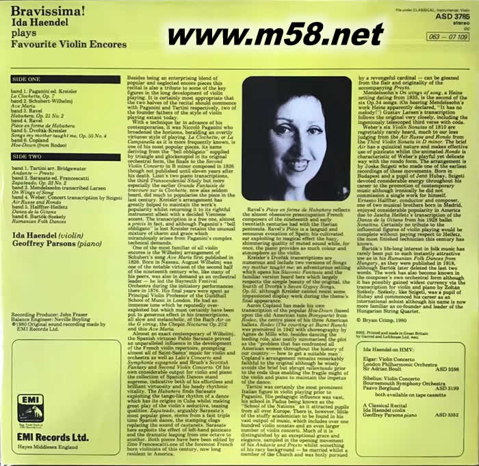 韓黛爾小提琴藝術(2) ~安可曲(返場曲)篇 BRAVISSIMA! FAVOURITE VIOLIN ENCORES) 黑膠專輯背面圖片