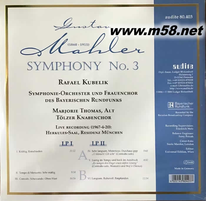 馬勒第3交響曲 GUSTAV MAHLER : SYMPHONY NO.3庫貝力克指揮 黑膠專輯背面圖片