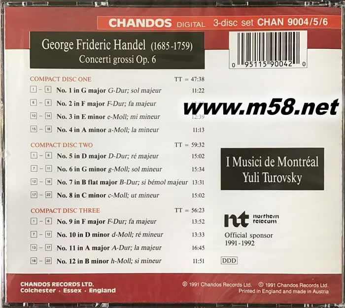韓德爾:12首大協(xié)奏曲 HANDEL CONCERTI GROSSI OP 6 (3CD套裝)專輯背面圖片