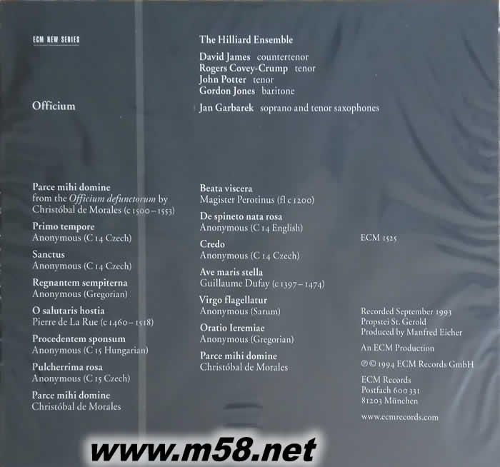 祈禱 碟霸 OFFICIUM Jan Garbarek The Hilliard Ensemble專輯背面圖片