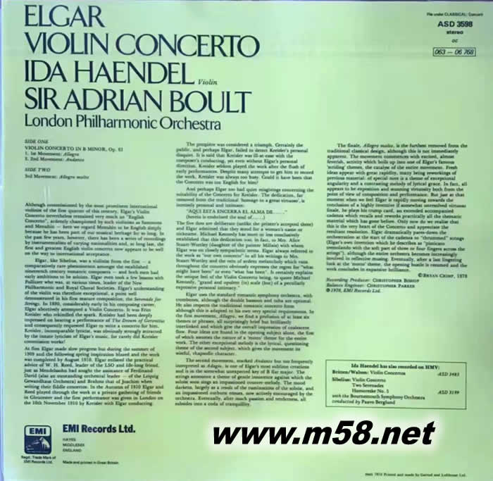艾爾加 : 小提琴協奏曲 Elgar : Violin Concerto 黑膠專輯背面圖片