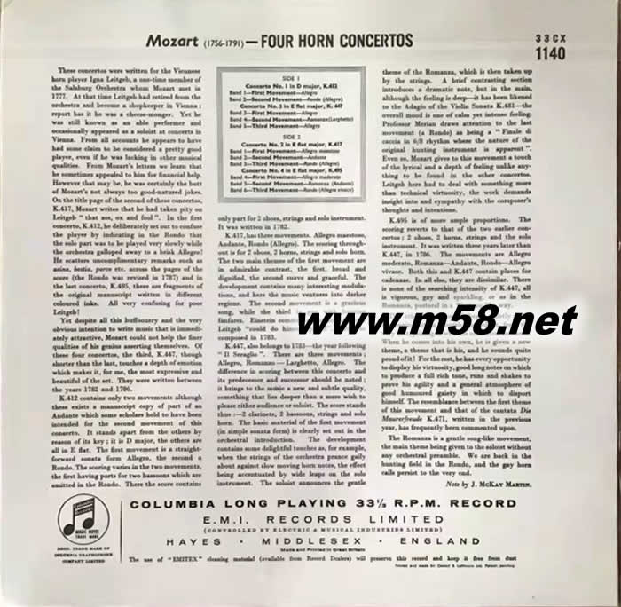 MOZART : HORN CONCERTOS NOS.1-4 莫扎特小提琴協(xié)奏曲 黑膠專輯背面圖片