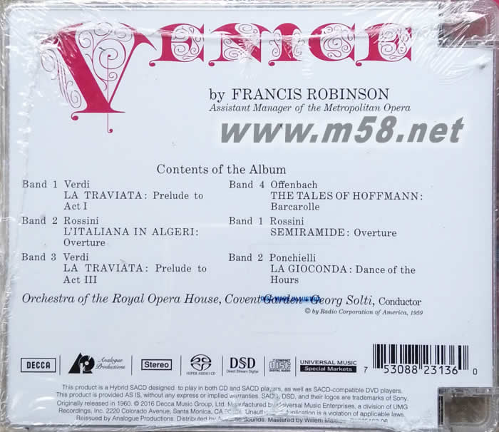索爾蒂 VENICE SOLTI 威尼斯商人 歌劇序曲集 立體聲名盤 SACD 劉漢盛推介專輯背面圖片