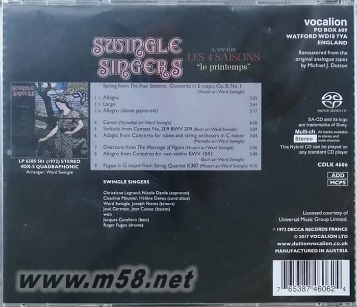 歌詠四季 SWINGLE SINGERS THE FOR SEASONS SACD專輯背面圖片