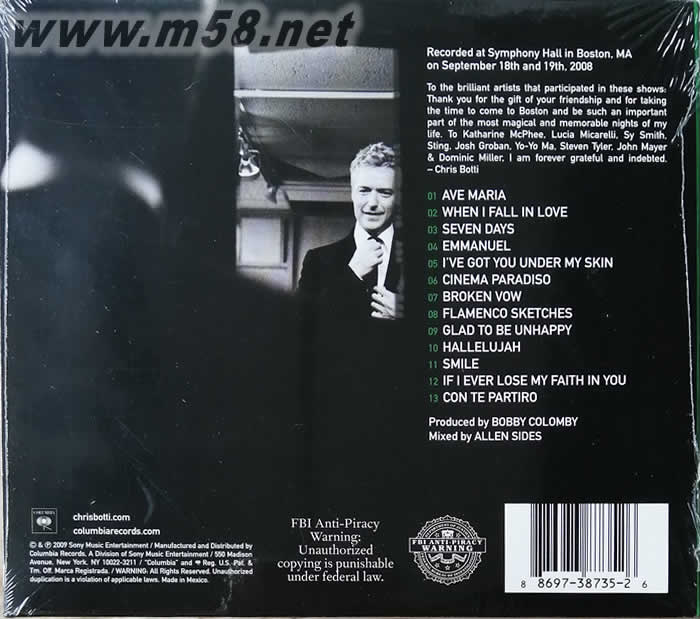 爵士小號手在波士頓 Chris Botti in Boston 單CD版專輯背面圖片