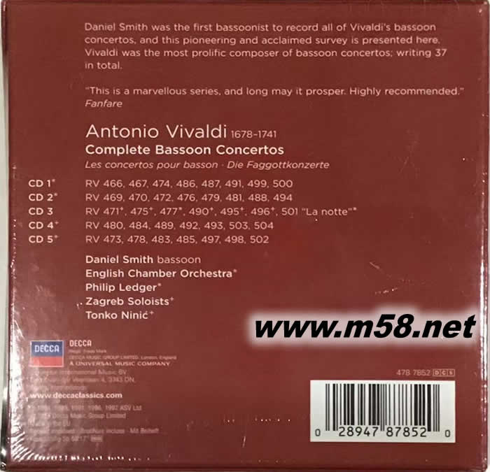 瓦爾第 巴松管協(xié)奏曲全集 COMPLETE BASSOON CONCERTOS 5CD套裝專輯背面圖片