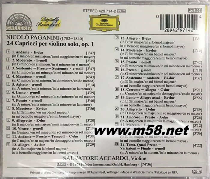 Paganini: 24 Capricci For Solo Violin Op.1 帕格尼尼:24首隨想曲專輯背面圖片
