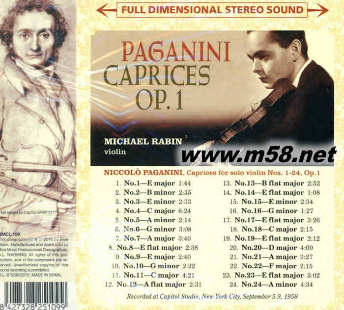 帕格尼尼隨想曲PAGANINI CAPRICES OP 1 FOR UNACCOMPANIED VIOLIN專輯背面圖片