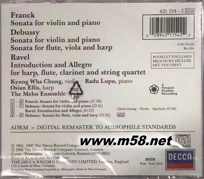 Kyung Wha Chung & Radu Lupu - Franck: Sonata For Violin And Piano鄭京和 & 拉杜·魯普 - 弗朗克:小提琴奏鳴曲專輯背面圖片