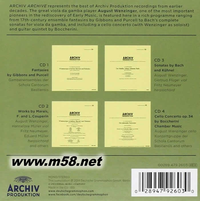 古大提琴奏鳴曲 MUSIC FOR VIOLA DA GAMBA/SCHOLA CANTORUM BASILIENSIS, AUGUST WENZINGER (4CD套裝)專輯背面圖片