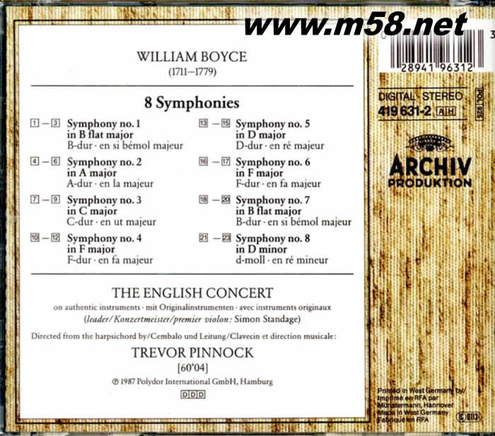 特雷沃 平諾克 - 威廉·波伊斯:No. 1-8交響曲 Trevor Pinnock - William Boyce:Symphony No. 1-8 CD專輯背面圖片