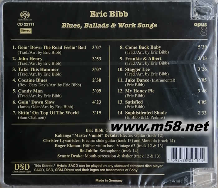 艾瑞克 畢伯 - 藍調民謠歌曲 Blues Ballads & Work Songs SACD(瑞典OPUS 3 發燒工作室)專輯背面圖片