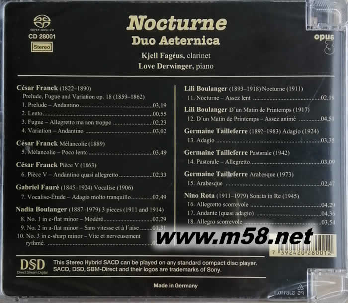 動人夜曲 NOCTURNE DUO AETERNICA 單簧管與鋼琴 SACD(瑞典OPUS 3 發(fā)燒工作室)專輯背面圖片