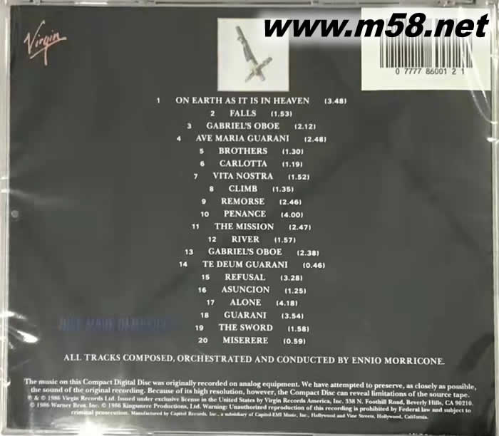 教會 The Mission 顏尼歐 莫利克奈: 電影配樂CD專輯背面圖片