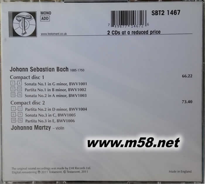 Bach: Sonatas & Partitas 巴赫: 6首無伴奏小提琴奏鳴曲(BWV1001~1006) 小提琴協(xié)奏曲 雙碟專輯背面圖片