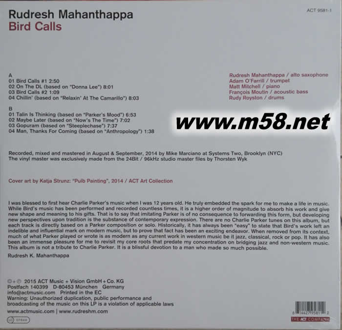 爵士四重奏與男聲 RUDRESH MAHANTHAPPA BIRD CALLS OPUS 黑膠專輯背面圖片