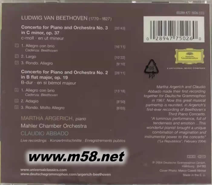 Beethoven: Piano Concerto No. 2 and No. 3 貝多芬:第2 & 3號(hào)鋼琴協(xié)奏曲SHMCD專輯背面圖片
