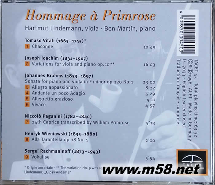 真空管的榮耀-中提琴狂想曲 HOMMAGE A PRIMROSE專輯背面圖片