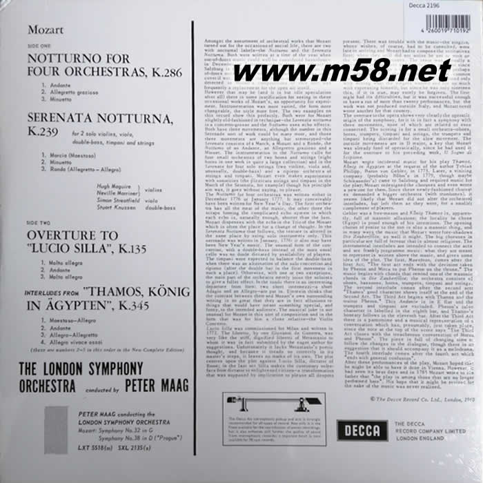 彼得·馬格 指揮 莫扎特:四個管弦樂隊的諾特魯 Mozart: Notturno for Four Orchestras 黑膠專輯背面圖片