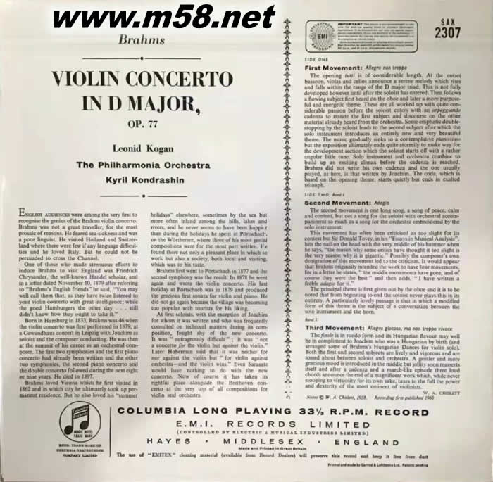 BRAHMS VIOLIN CONCERTO 黑膠專輯背面圖片
