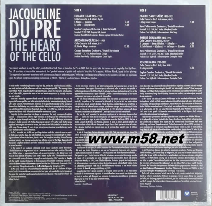杜普蕾 逝世三十周年紀念精選 大提琴之心 The Heart of the Cello 180g 33RPM 黑膠專輯背面圖片