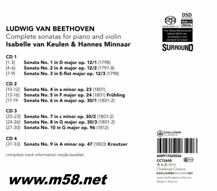 貝多芬小提琴奏鳴曲全集L.V. BEETHOVEN : COMPLETE SONATAS FOR PIANO AND VIOLIN 4SACD專輯背面圖片