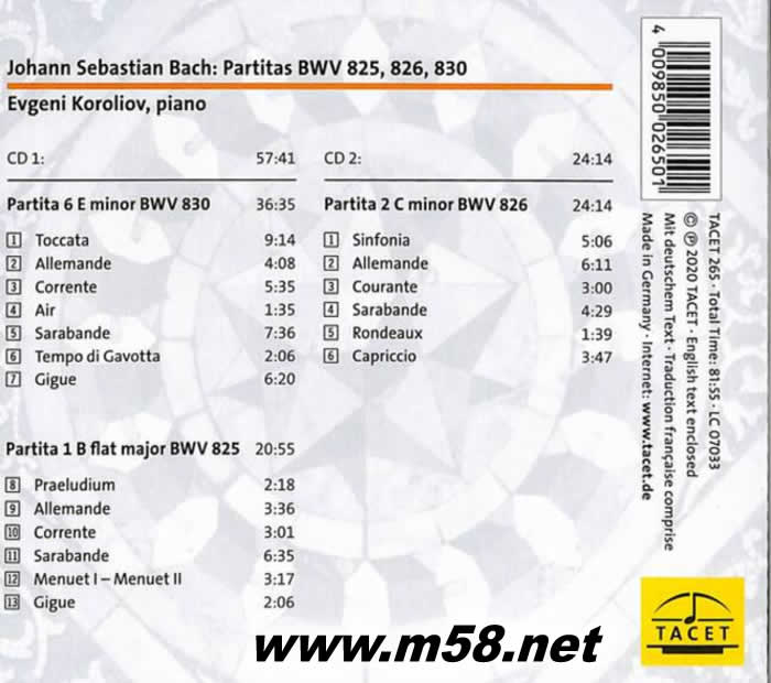 柯洛里奧弗 巴哈鋼琴組曲Johann Sebastian Bach : Partitas Part 1 ; BWV 825, 826, 830專輯背面圖片