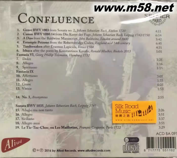 合流點 Confluence 莫爾克:豎笛/貝爾:薩克斯,演奏14-17世紀作曲家作品專輯背面圖片