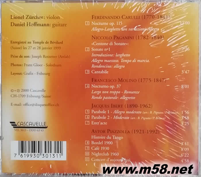 Nocturno 琴投藝合Lionel Zurcher 小提琴 / Daniel Hoffmann 古典吉他專輯背面圖片