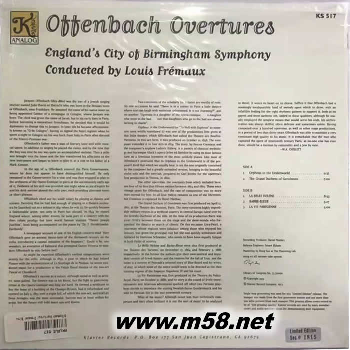 奧芬巴赫: - 序曲精選集 BACH OVERTURES 黑膠專輯背面圖片